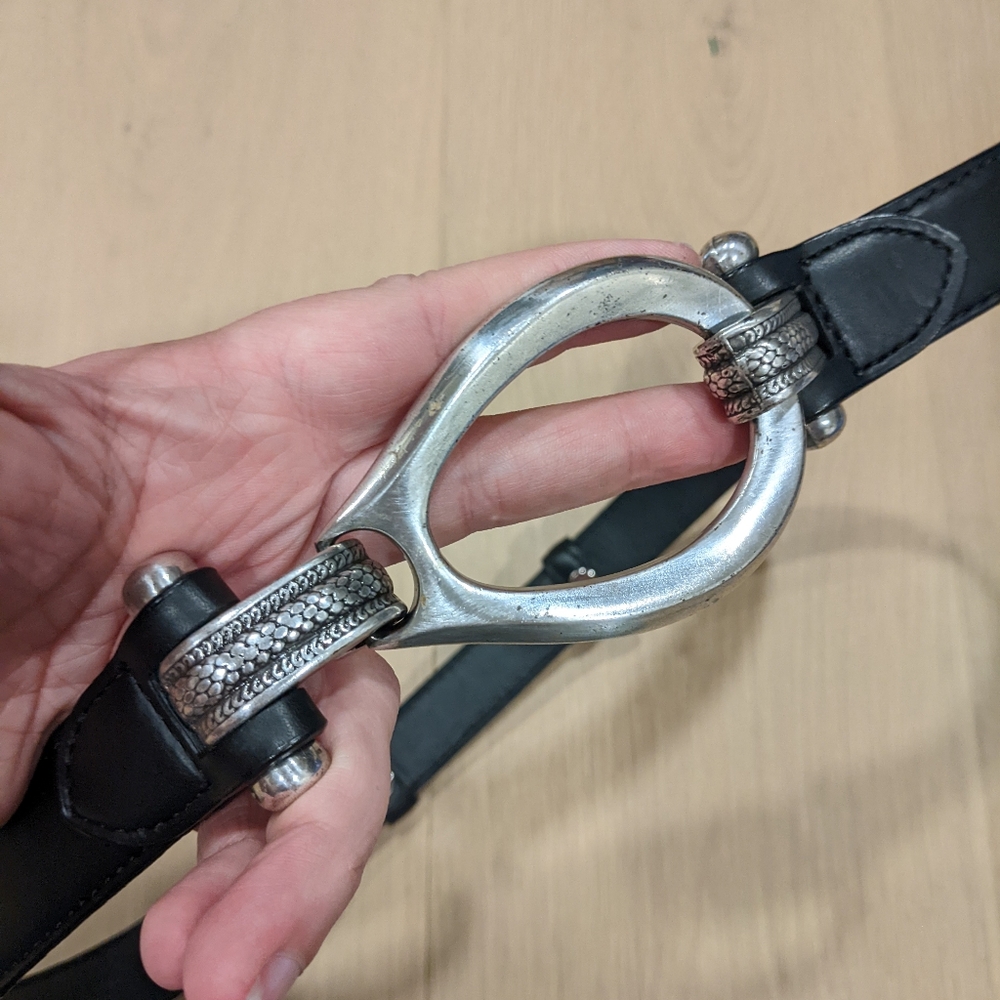 Statement Piece! Adjustable Black Leather Belt with Detailed Silver Buckle